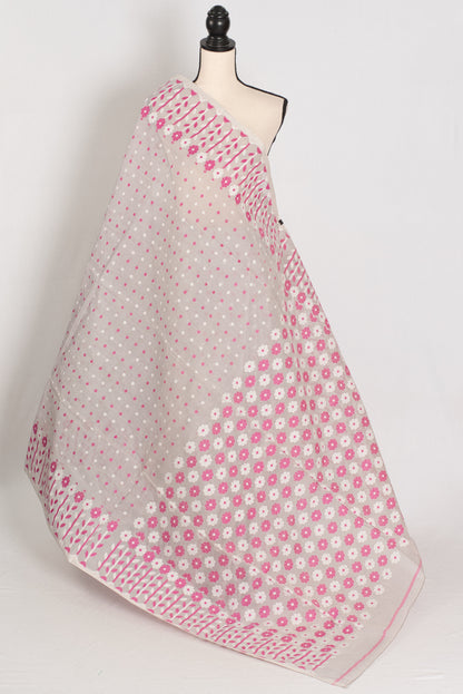 Geeta: Gray, Pink and White Pure Cotton Jamdani Saree with Blouse image 1