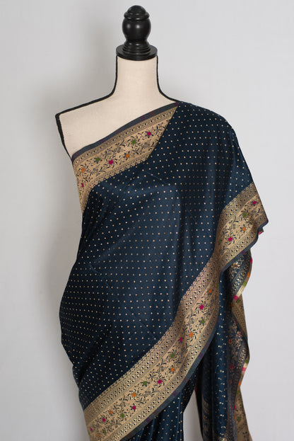Ratri | Navy Blue Semi Mashru Banarasi Saree | Pre-Stitched Size 44 Blouse image 5