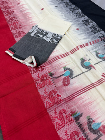Mitra: Off White Cotton Handloom Saree with Ganga Jamuna Border image 1