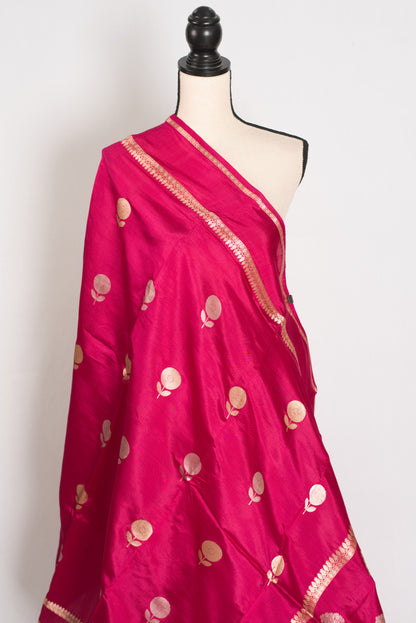 Gauri: Dark Pink Pure Katan Silk Banarasi Saree with Gold & Silver Zari Motifs image 3