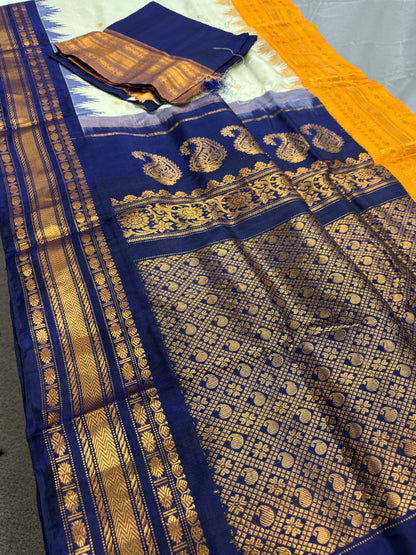 Gangavarna : Handwoven Cream Gadwal Silk Saree with Ganga Jamuna Border image 1