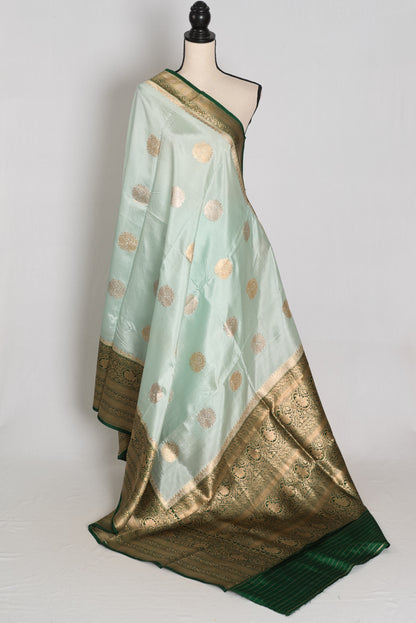 Anisha : Mint Green and Bottle Green Satin Pure Silk Banarasi Saree | Silk Mark image 1