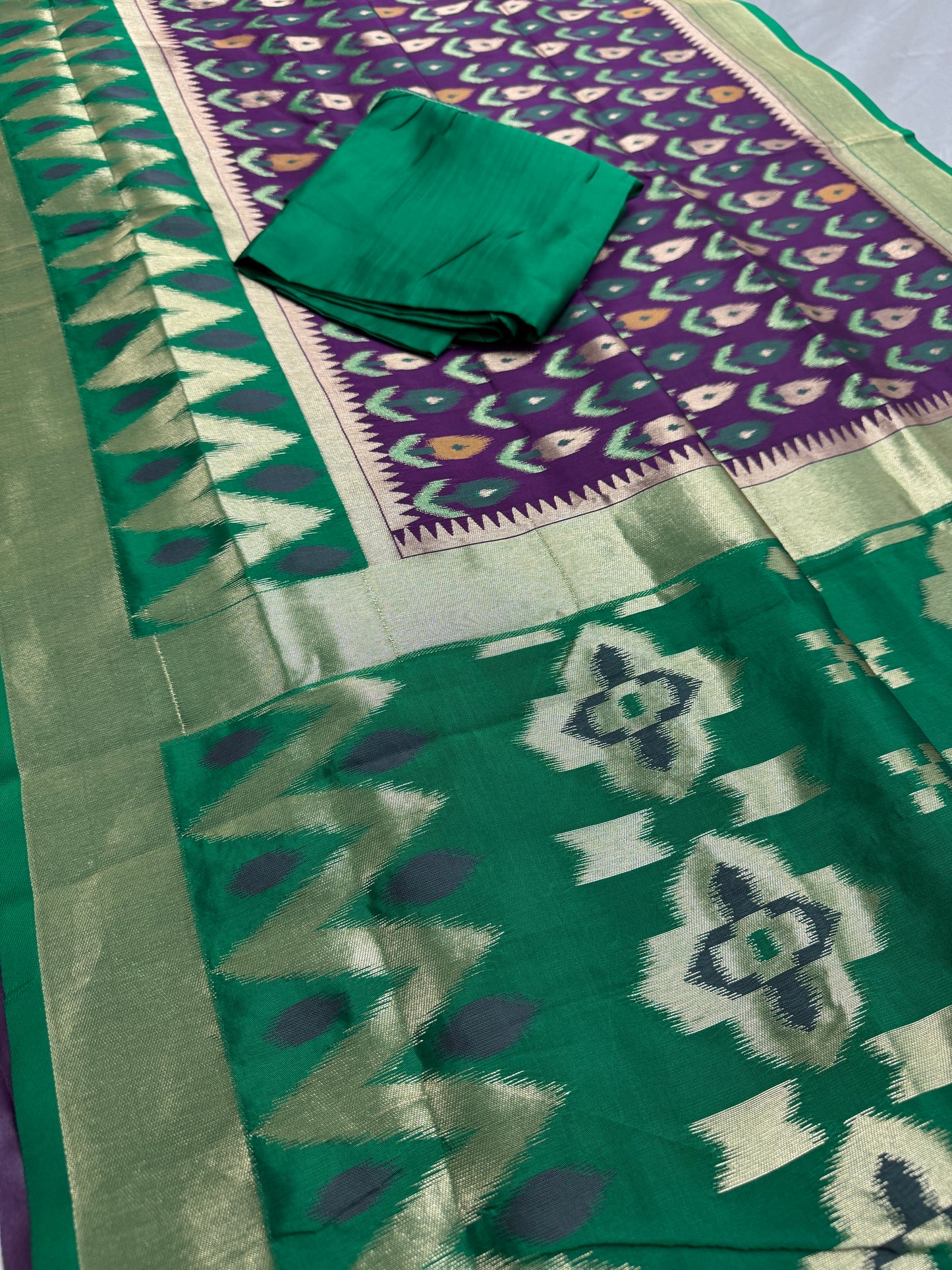 Sabina | Royal Purple & Emerald Green Art Silk Pochampally Saree image 1