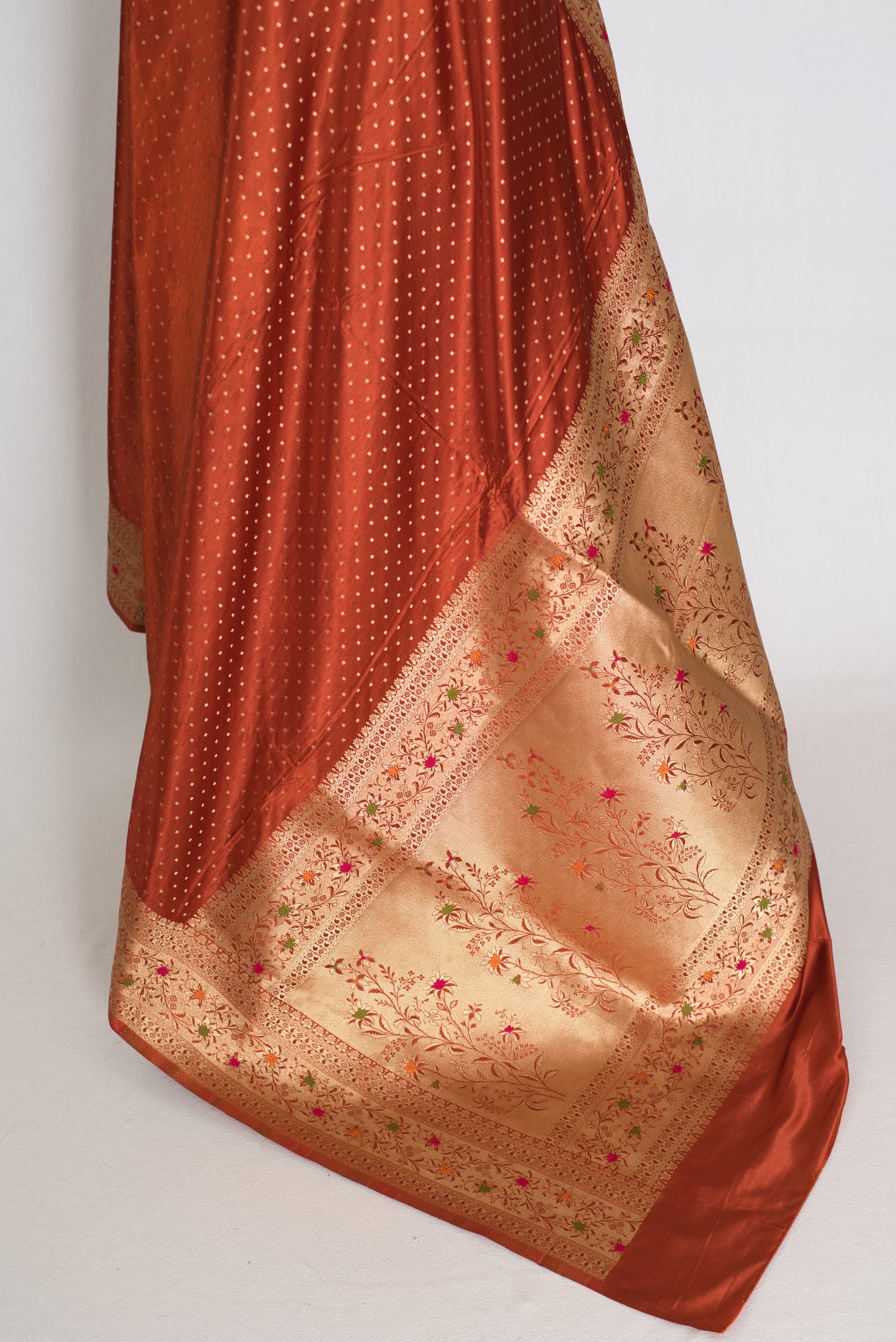 Nina | Rust Orange Semi Mashru Banarasi Saree | Pre-Stitched Size 40 Blouse image 5