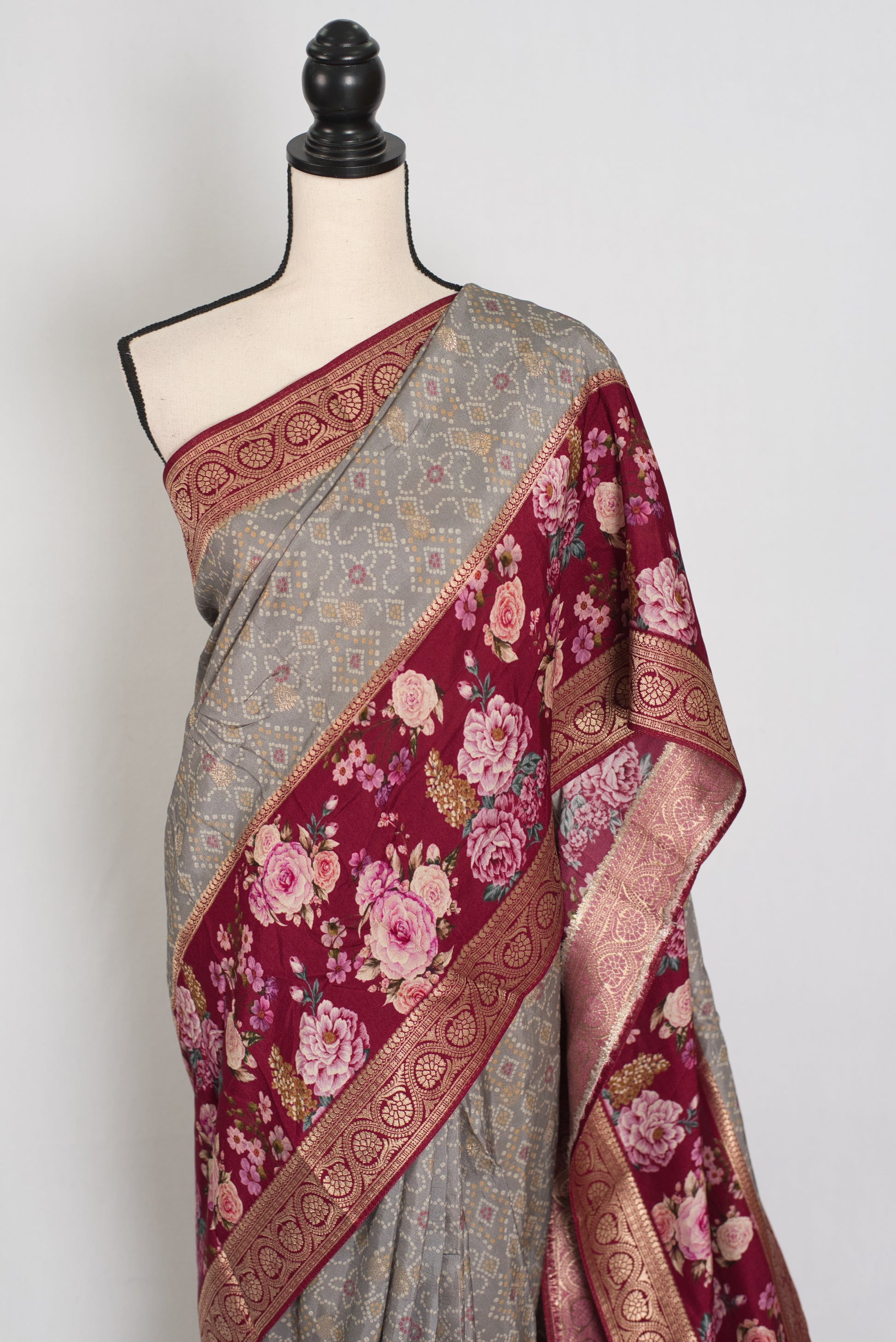 Mahi | Grey Patola & Floral Printed Dola Silk Banarasi Saree image 6