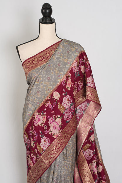 Mahi | Grey Patola & Floral Printed Dola Silk Banarasi Saree image 6
