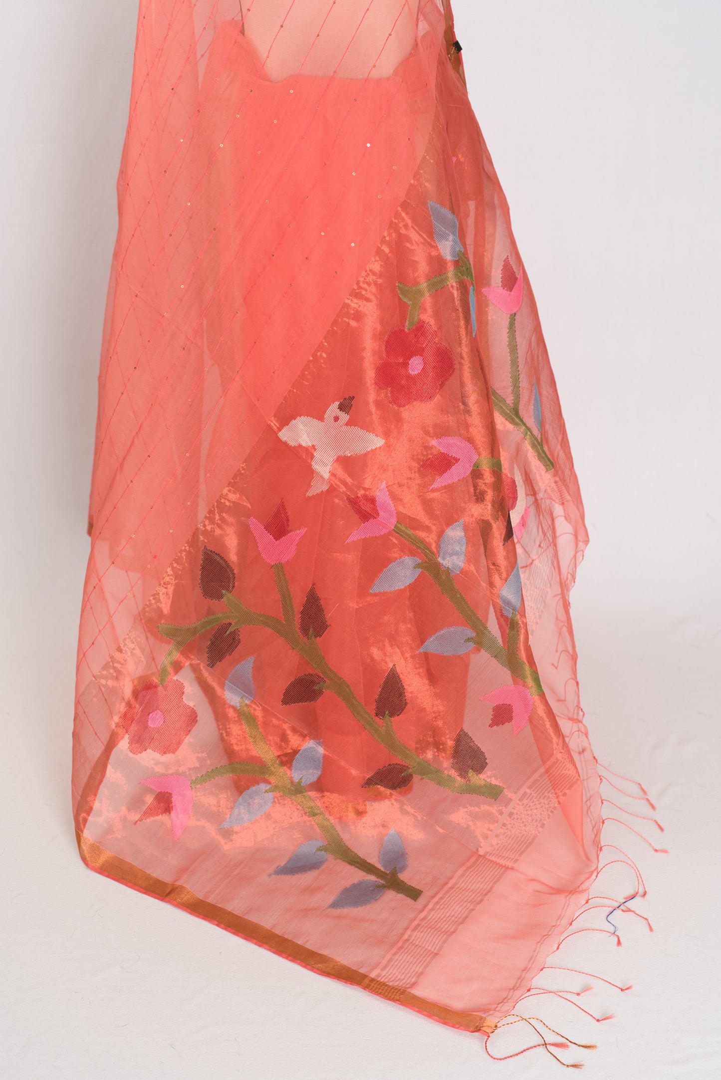 Soma: Orange & Gold Muslin Cotton Jamdani Saree | Sequin Weaving image 3