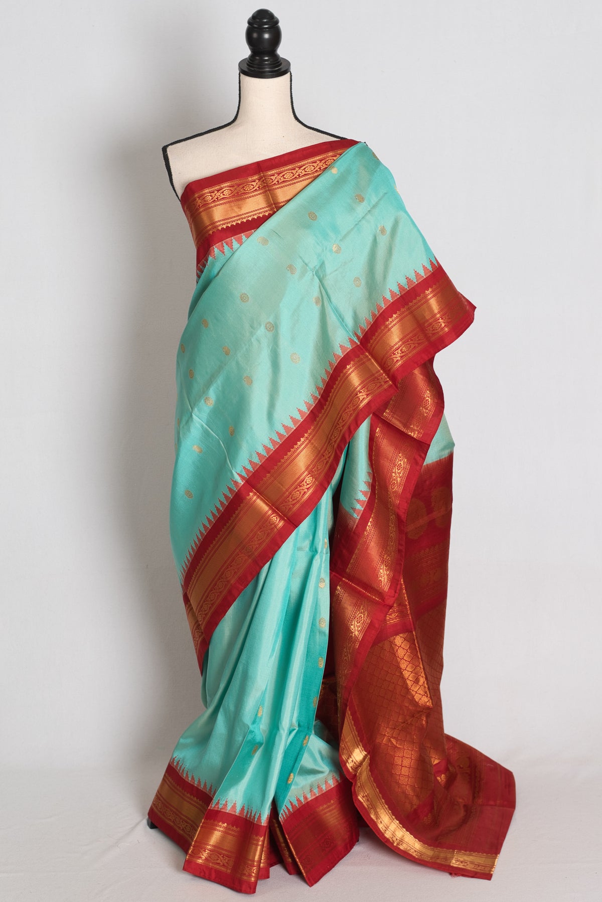 Shreya : Sea Blue & Red Handwoven Pure Gadwal Silk Saree with Stitched Blouse image 0