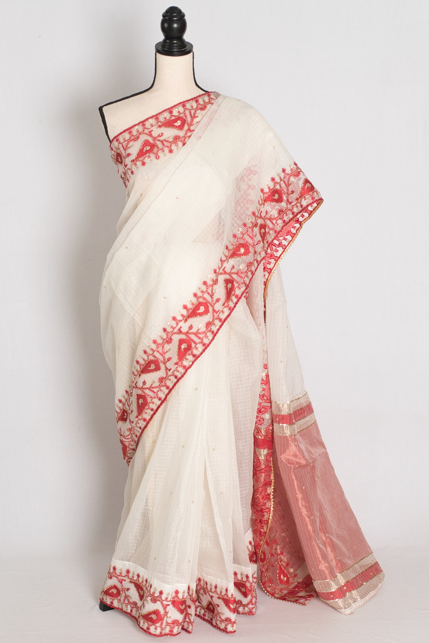 Mandar : Traditional White & Red Blended Kota Silk Jamdani Saree image 0
