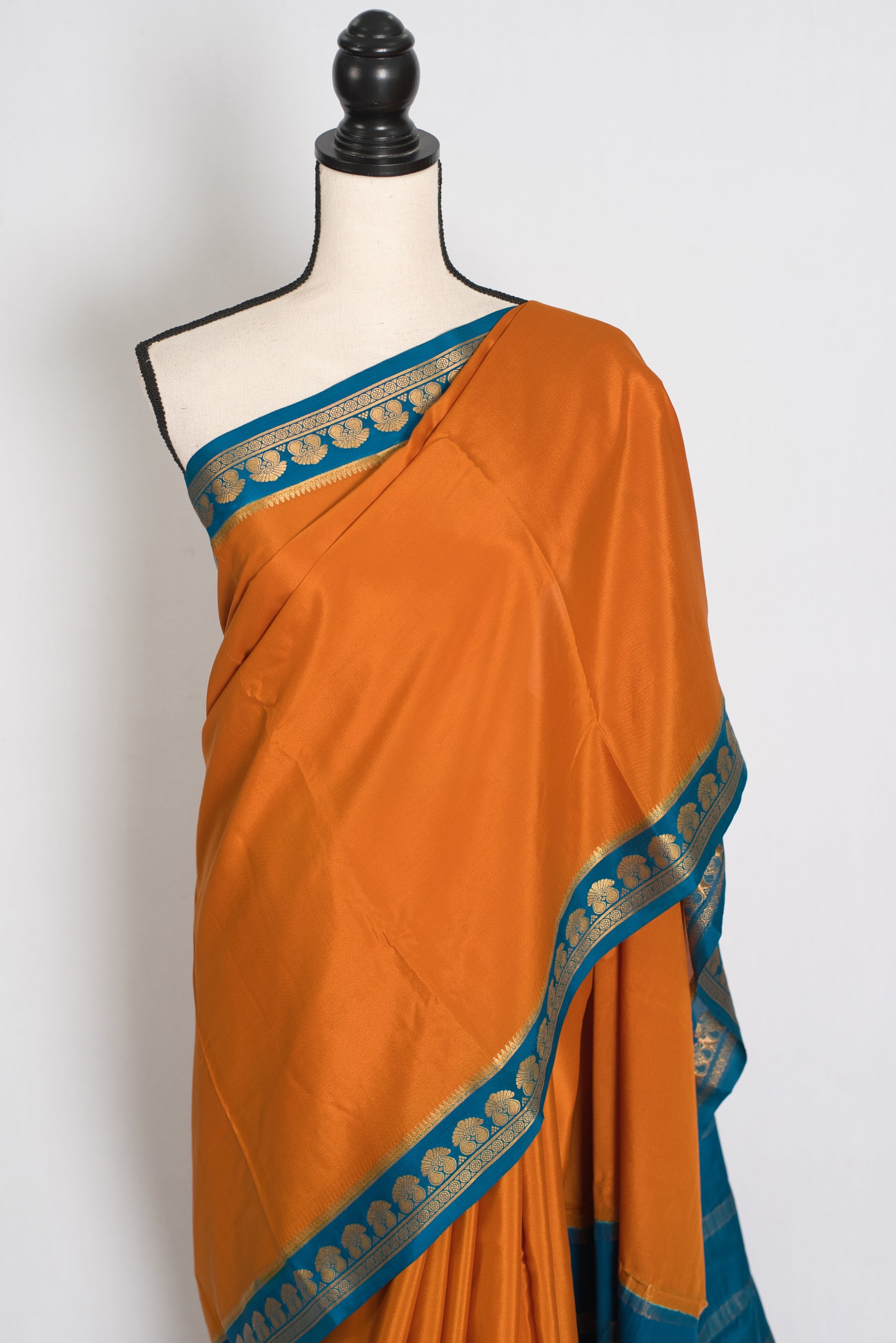 Nandini Orange and Turquoise Pure Mysore Silk Crepe Saree with 36 Size Blouse image 7