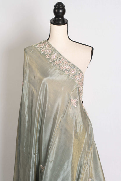 Fariha : Sage Green Hand Embroidered Zardozi Soft Organza Party Wear Saree image 3