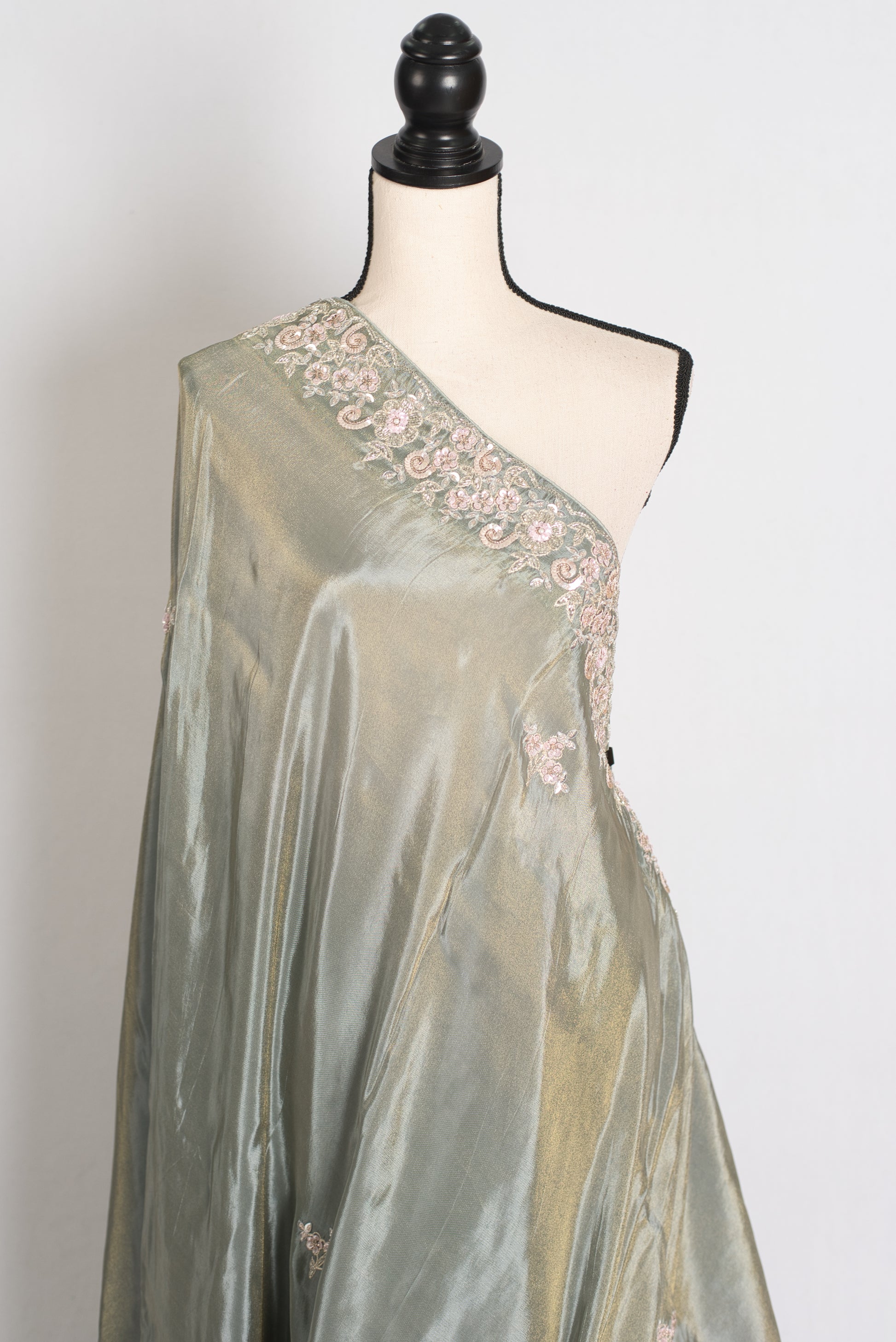 Fariha : Sage Green Hand Embroidered Zardozi Soft Organza Party Wear Saree image 3