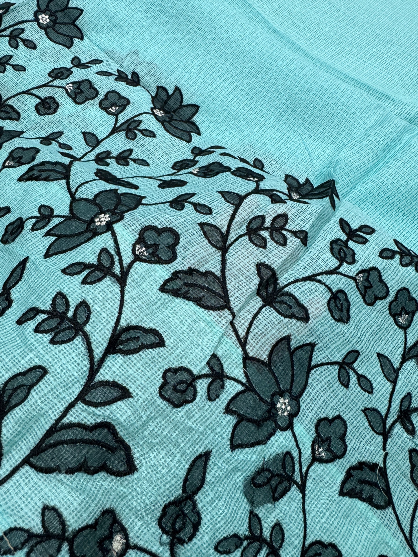 Dhriti | Turquoise Blue & Black Semi Kota Silk Saree | Artistic Floral Appliqué image 5