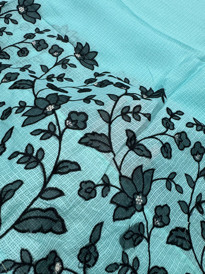 Dhriti | Turquoise Blue & Black Semi Kota Silk Saree | Artistic Floral Appliqué image 5