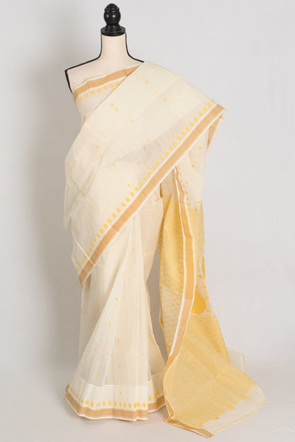 Gauri | Off-White & Yellow Bengal Handloom Cotton Jamdani Saree image 0
