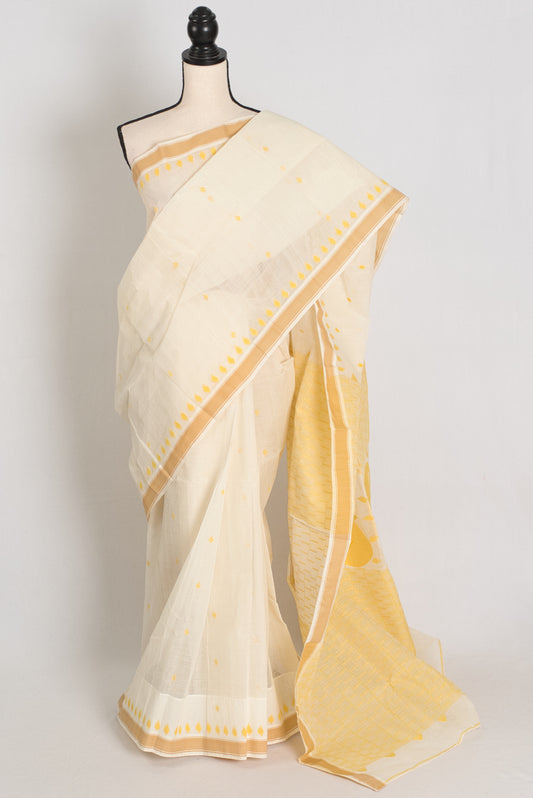Gauri | Off-White & Yellow Bengal Handloom Cotton Jamdani Saree image 0