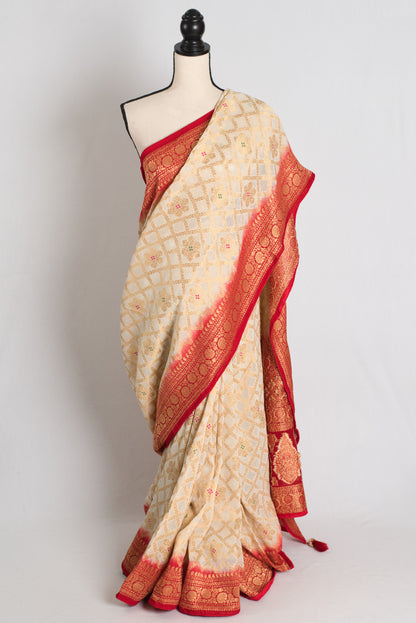 Anuya : White and Red Crepe Georgette Banarasi Saree image 0