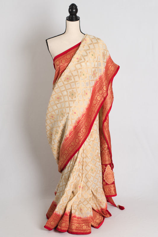 Anuya : White and Red Crepe Georgette Banarasi Saree image 0