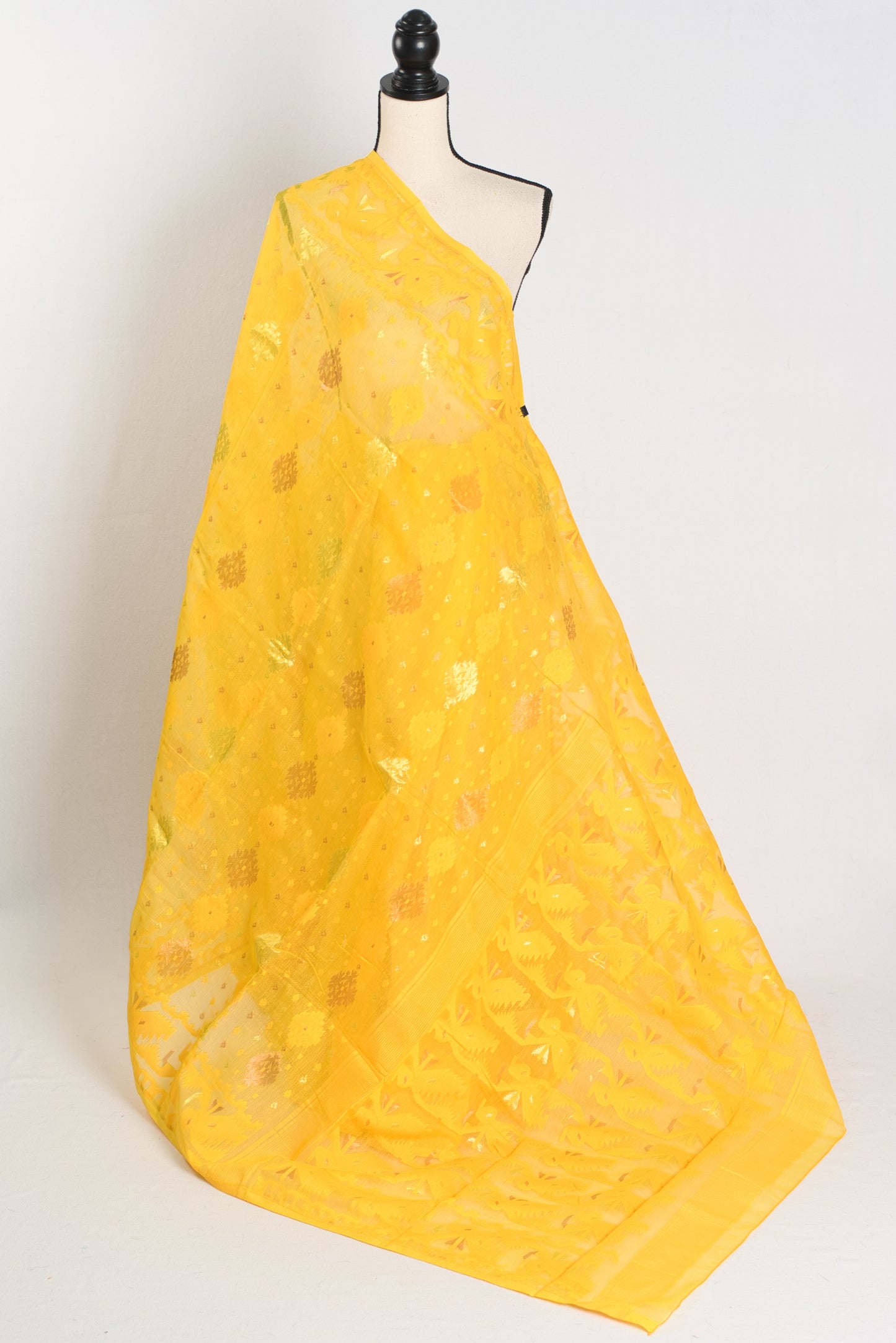 Hriti : Bright Yellow Blended Soft Cotton Jamdani Bengali Saree image 1