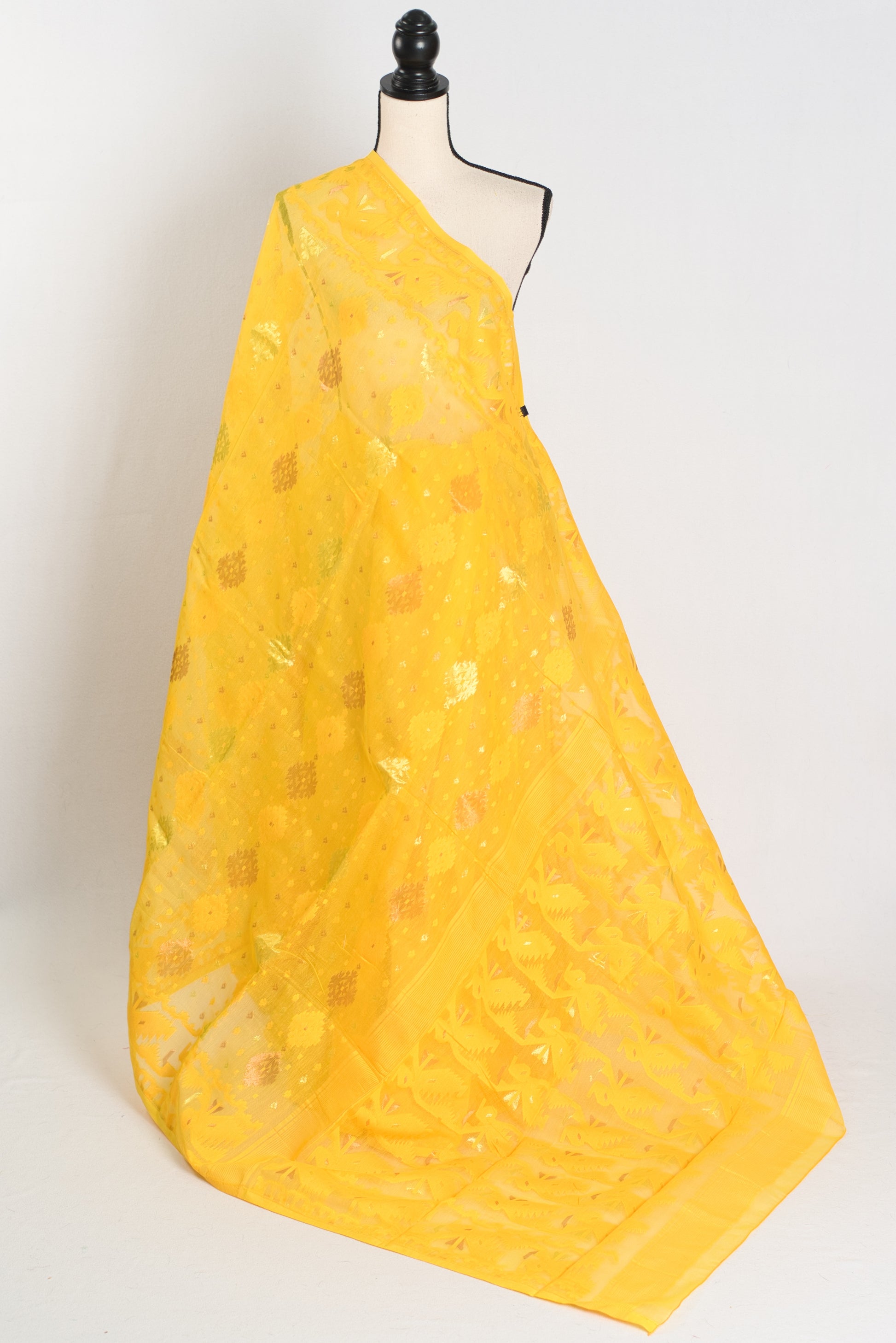 Hriti : Bright Yellow Blended Soft Cotton Jamdani Bengali Saree image 1