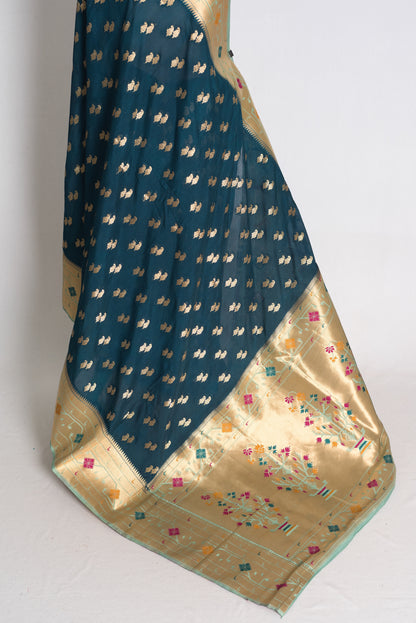 Sangiya: Blue Paithani Semi Silk Saree with Light Blue Border image 3