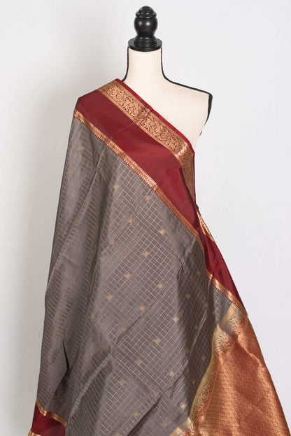 Kalyani : Gray and Maroon Checks Kanjivaram Pattu Silk Saree image 5