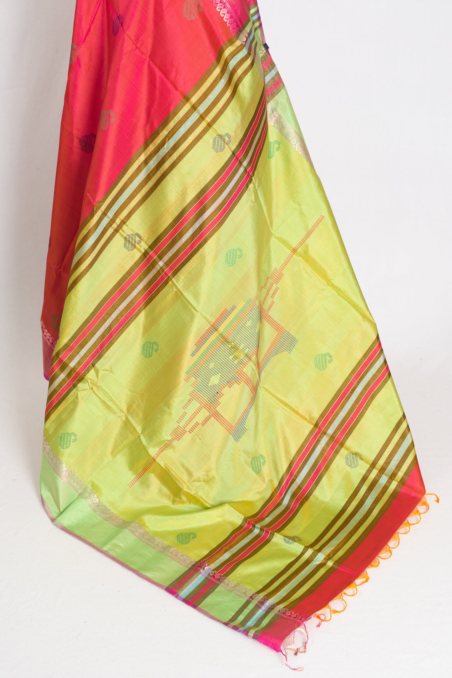 Malini : Bishnupur Katan Silk Saree in Peach Orange and Green image 3