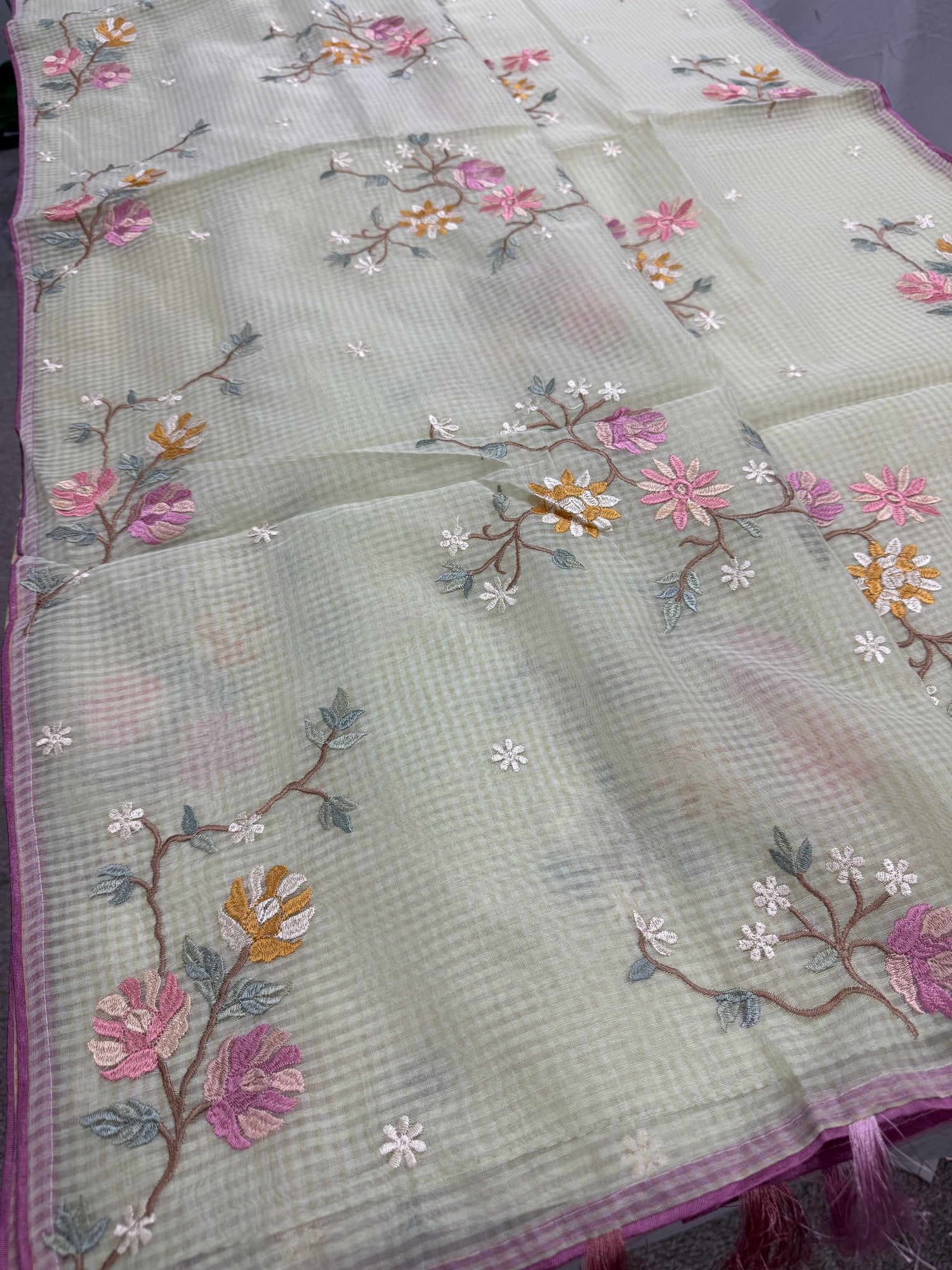 Ragini | Sea Green & Pink Floral Embroidery Blended Cotton Kota Saree image 0