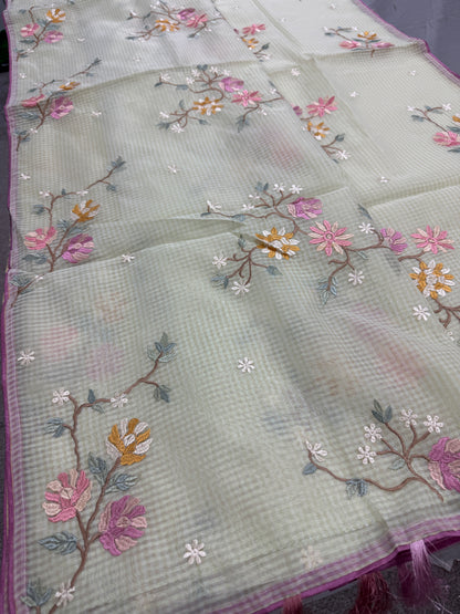 Ragini | Sea Green & Pink Floral Embroidery Blended Cotton Kota Saree image 0
