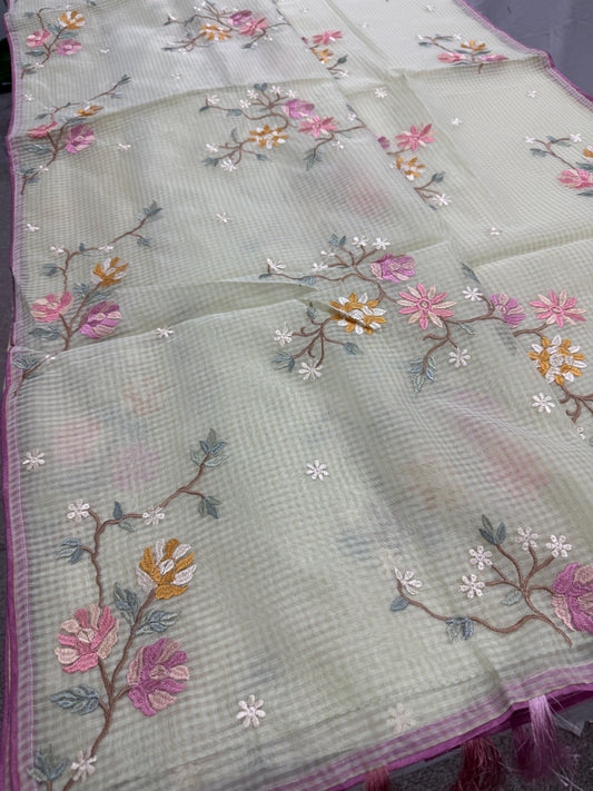 Ragini | Sea Green & Pink Floral Embroidery Blended Cotton Kota Saree image 0