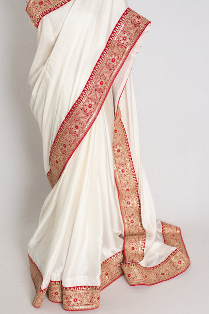 Farah : Off White and Red Patch Border Designer Satin Silk Partywear Saree image 6
