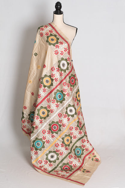 Koli: Beige Hand-Embroidered Kantha Stitch Gachi Tussar Silk Saree image 1