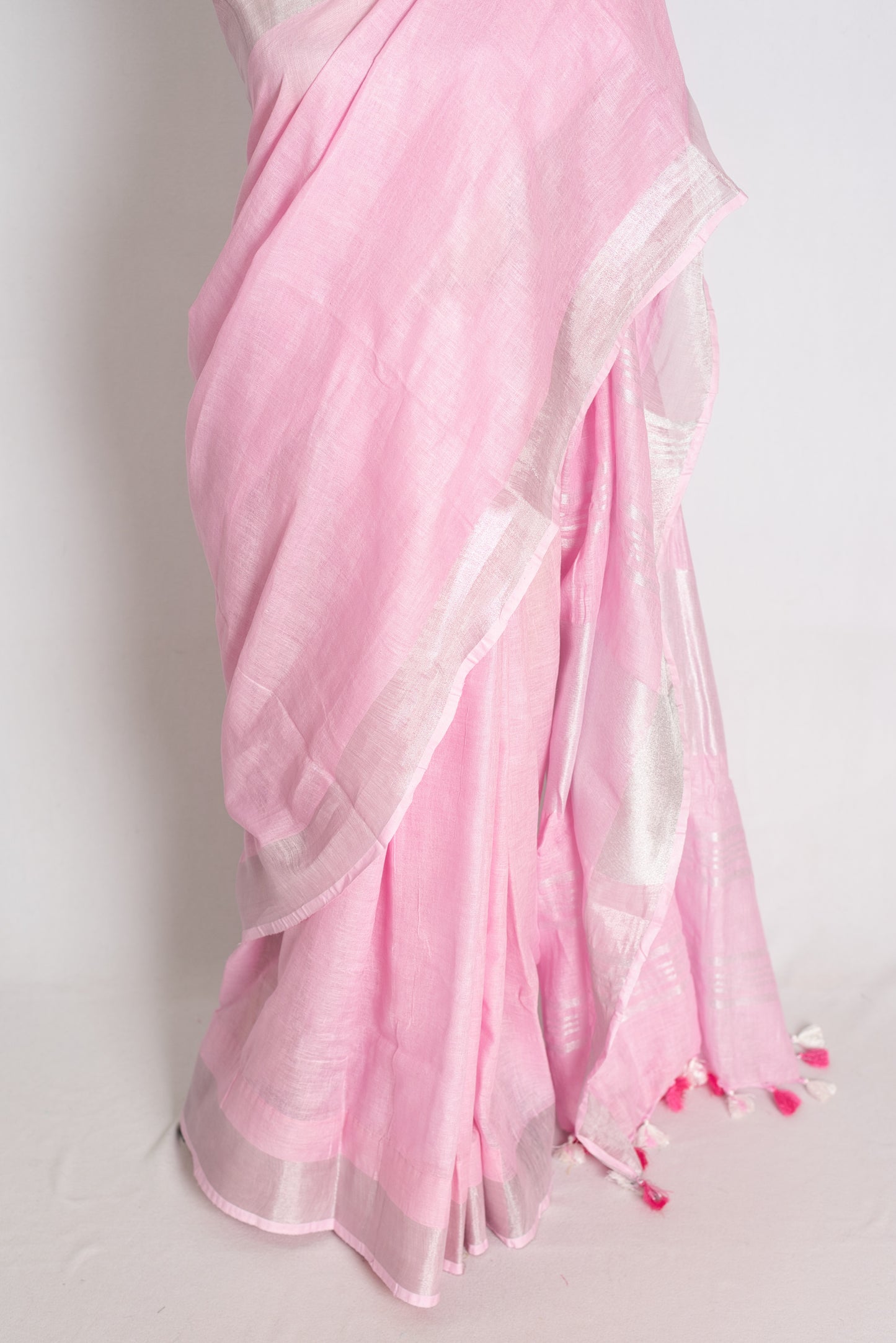 Girija : Baby Pink Pure Linen Saree with Silver Zari Border image 5