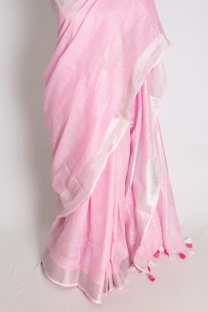 Girija : Baby Pink Pure Linen Saree with Silver Zari Border image 5