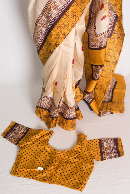Mati : Cream and Mustard Yellow Printed Pure Silk Saree with 38 Size Blouse image 1
