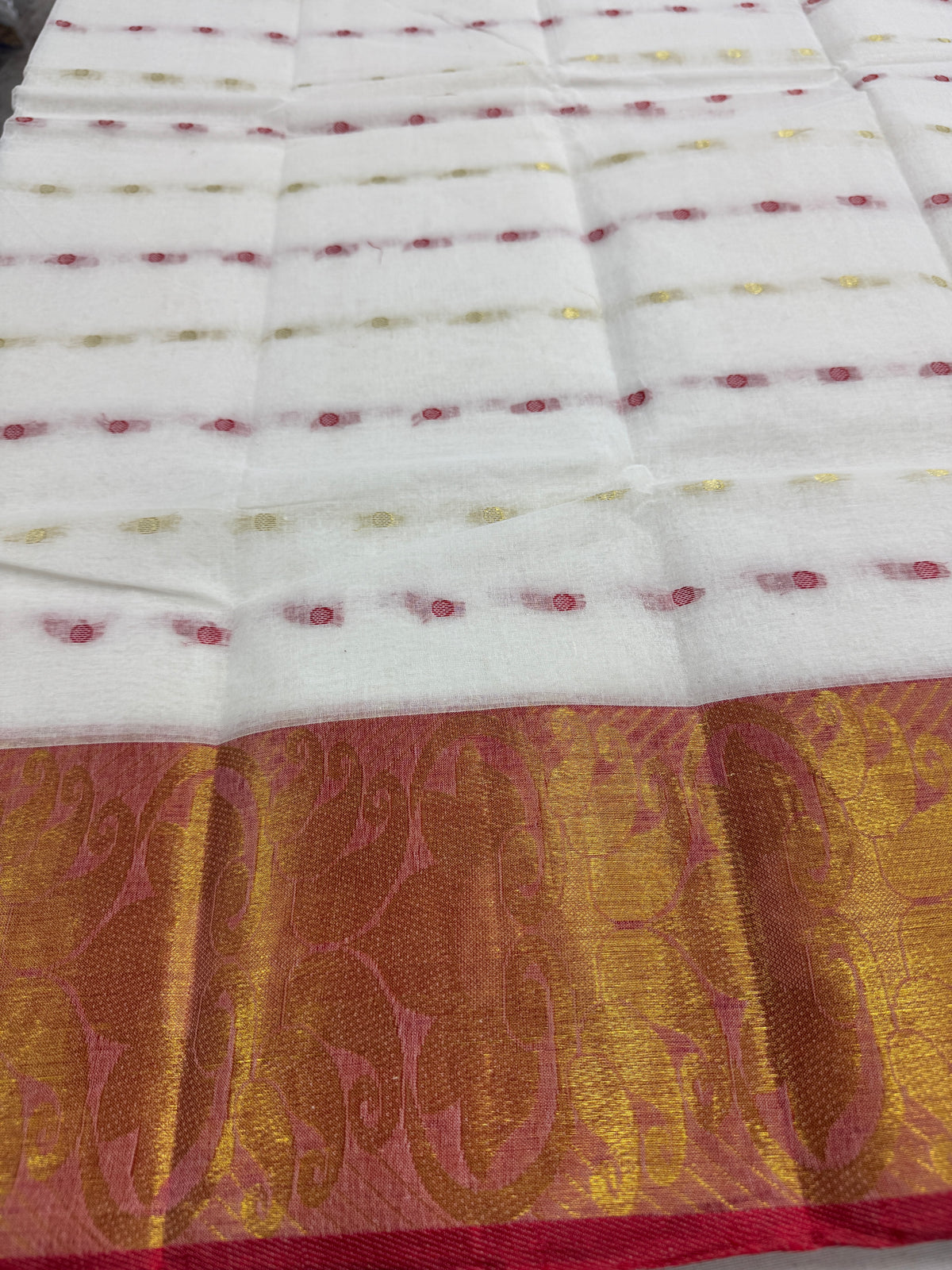 White and Red Tant saree — front view