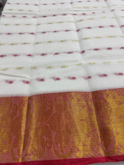 White and Red Tant saree — front view