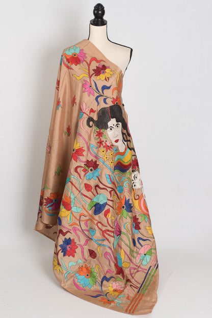 Malati: Silk Mark Certified Hand Embroidery Kantha Silk Saree in Brown image 1