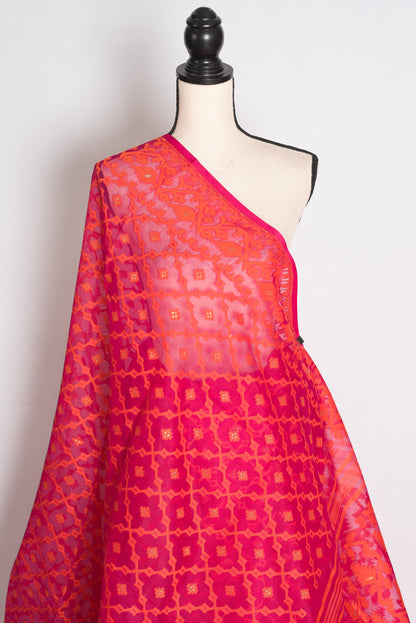 Nagma : Pink and Orange Soft Blended Cotton Jamdani Saree image 4