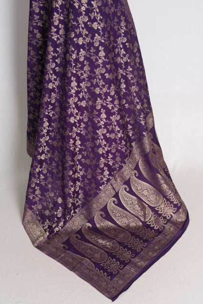 Afrin: Purple and Gold Semi Georgette Jaal Banarasi Saree image 3