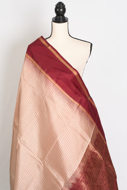 Latha : Silk Mark Certified Cream and Red Checks Kanjeevaram Silk Saree image 4