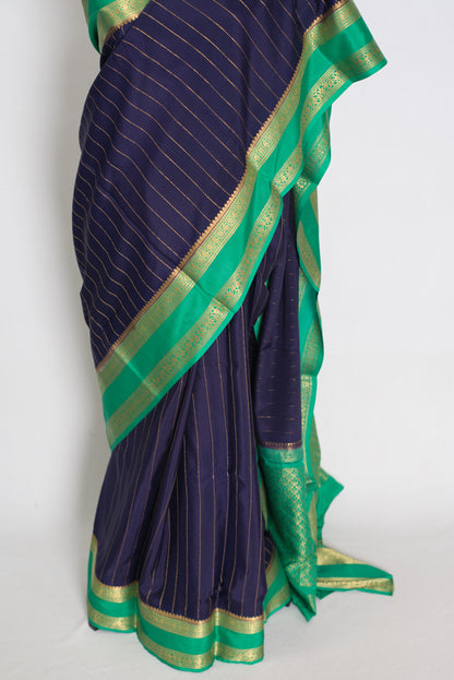 Malathi – Dark Blue and Green Pure Mysore Crepe Silk Saree | Silk Mark Certified image 6