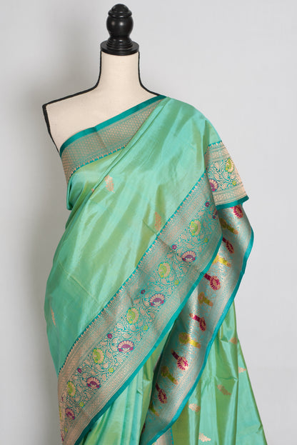 Mehuli : Sea Green Meenakari Handwoven Banarasi Silk Saree | Silk Mark Certified image 6