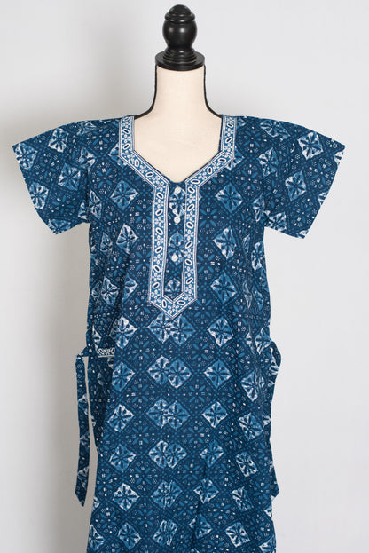 Indigo Blue Geometric Diamond Print Pure Cotton Indian Nightgown image 0