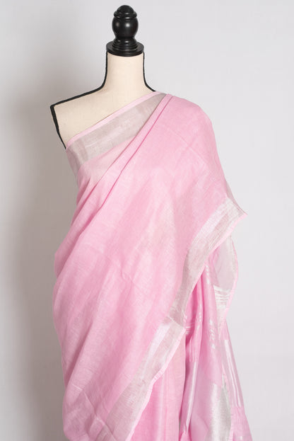 Girija : Baby Pink Pure Linen Saree with Silver Zari Border image 6