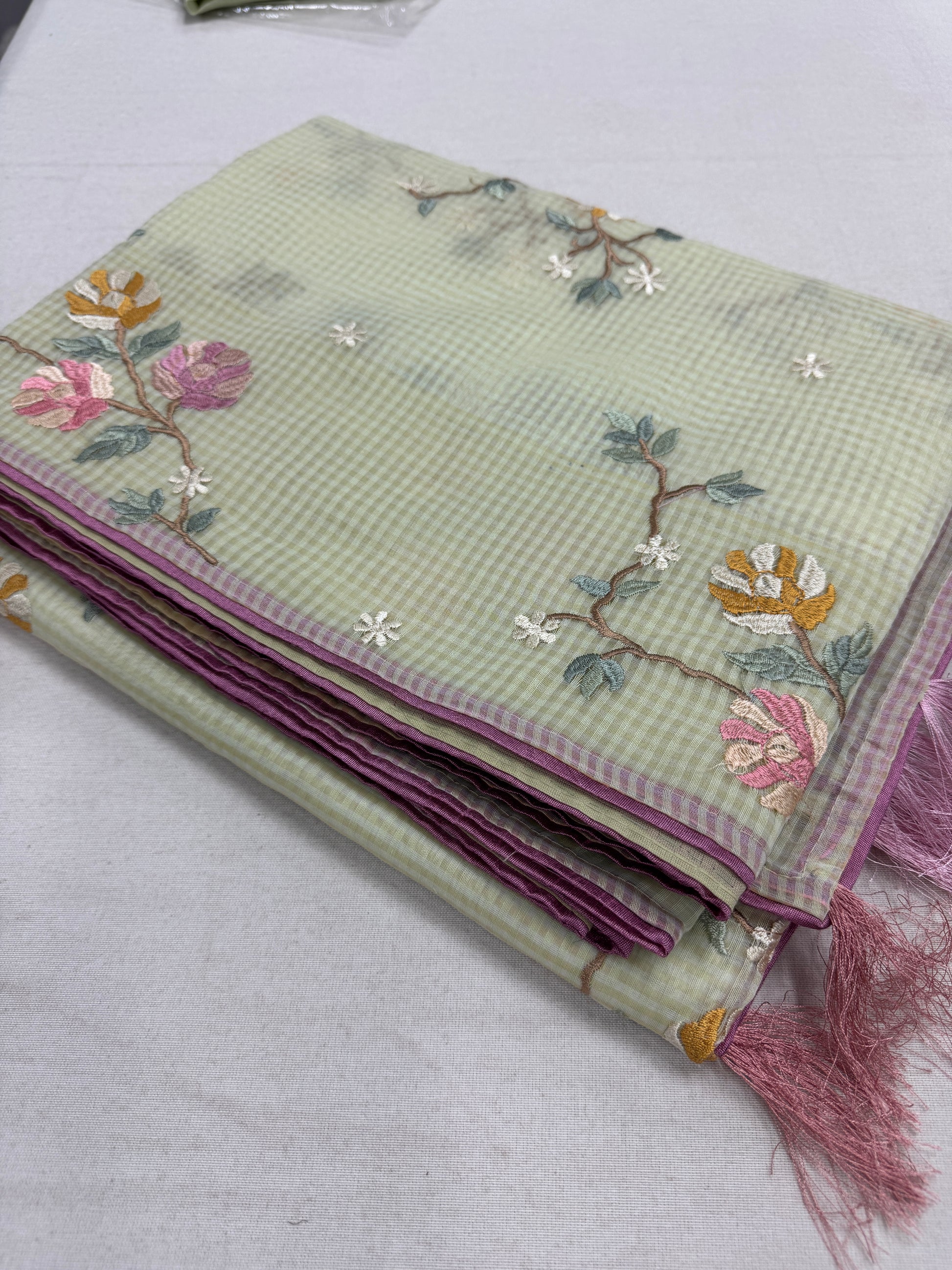 Ragini | Sea Green & Pink Floral Embroidery Blended Cotton Kota Saree image 1