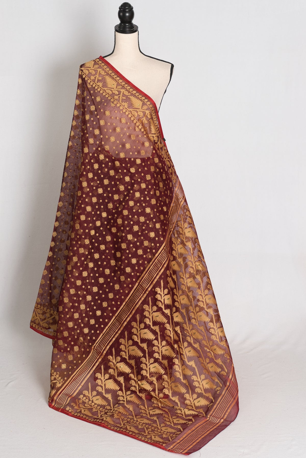 Gayetri : Maroon and Beige Soft Blended Cotton Jamdani Saree with Red Salvage image 1
