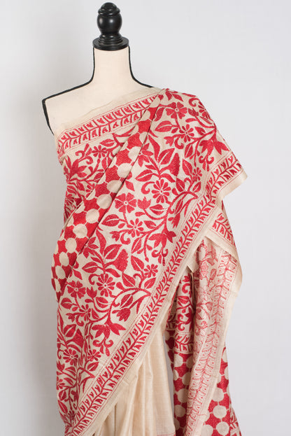 Ahiri | Beige and Red Kantha Stitch Gachi Tussar Silk Saree image 8