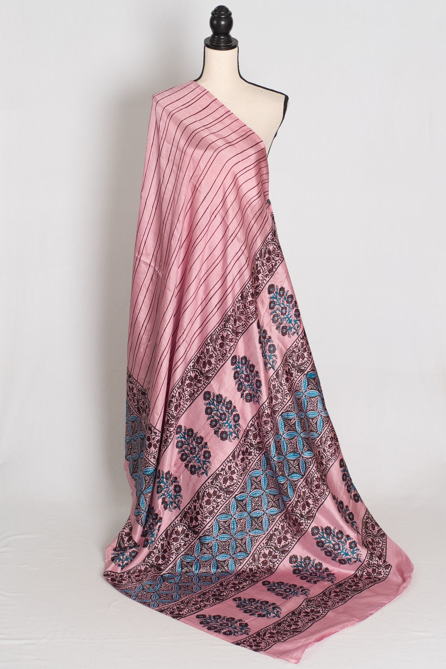 Archana : Soft Pink and Black Hand Block Printed Murshidabad Silk Saree image 1