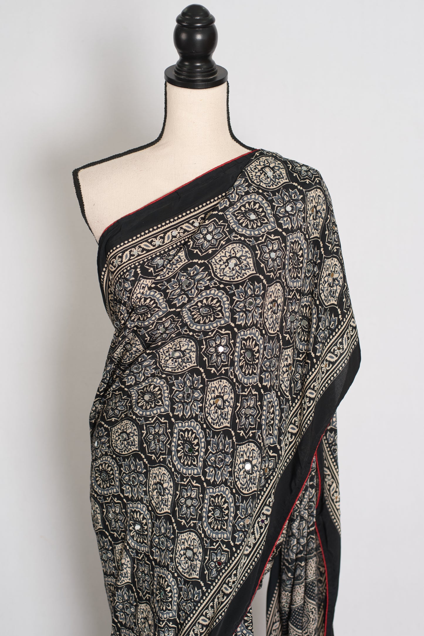 Ishq : Trending Black and Gray Semi Modal Silk Ajrakh Saree image 5